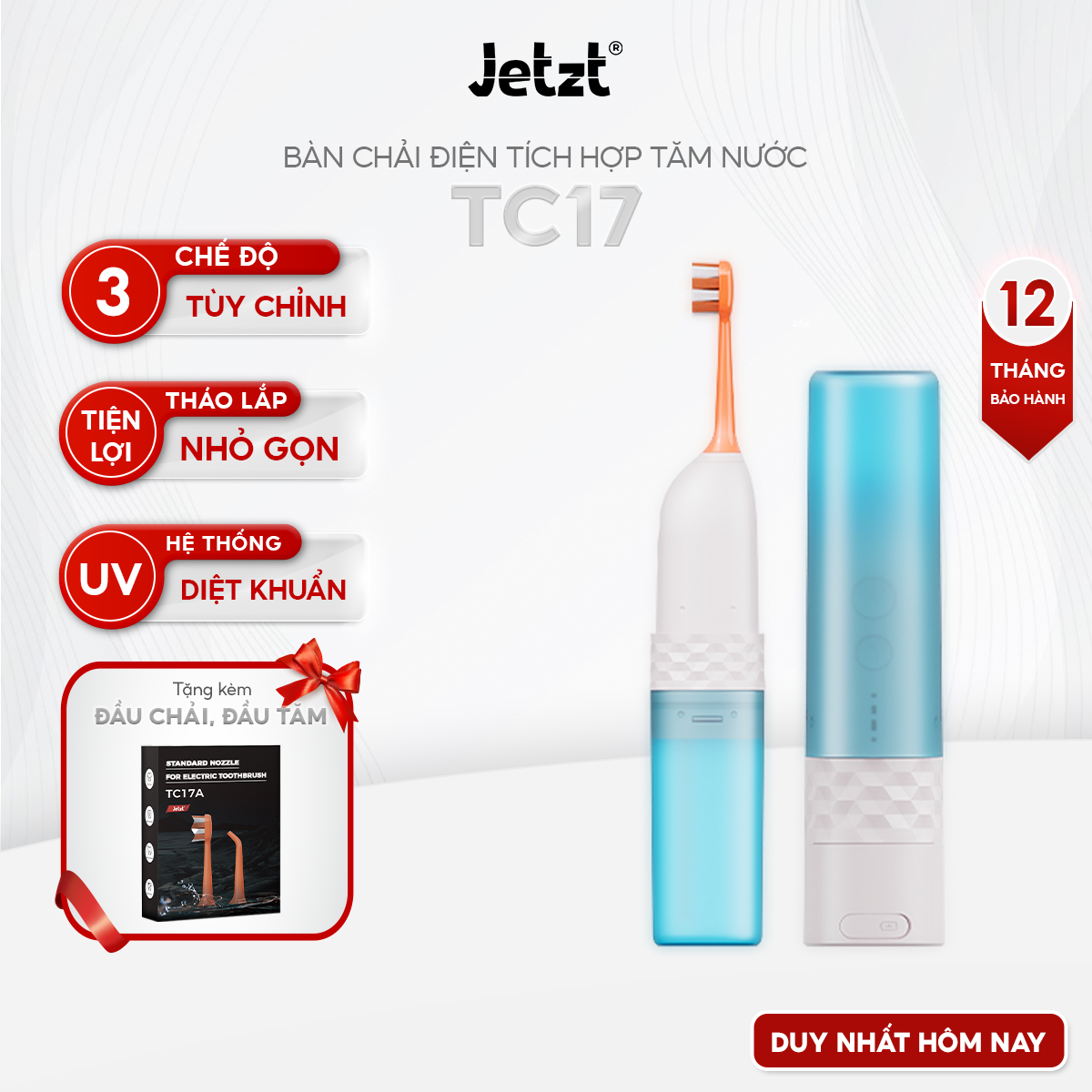 Bàn chải điện tích hợp tăm nước Jetzt TC17 nhỏ gọn 2 trong 1 - 3 chế độ làm sạch công nghệ sóng âm h