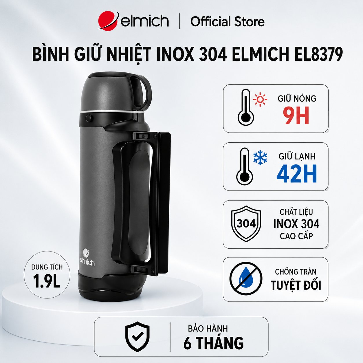 Bình Giữ Nhiệt Inox 304 Elmich EL8379 1.9L, Màu Ghi Đen, Dây Đeo Tiện Lợi - JoyMall