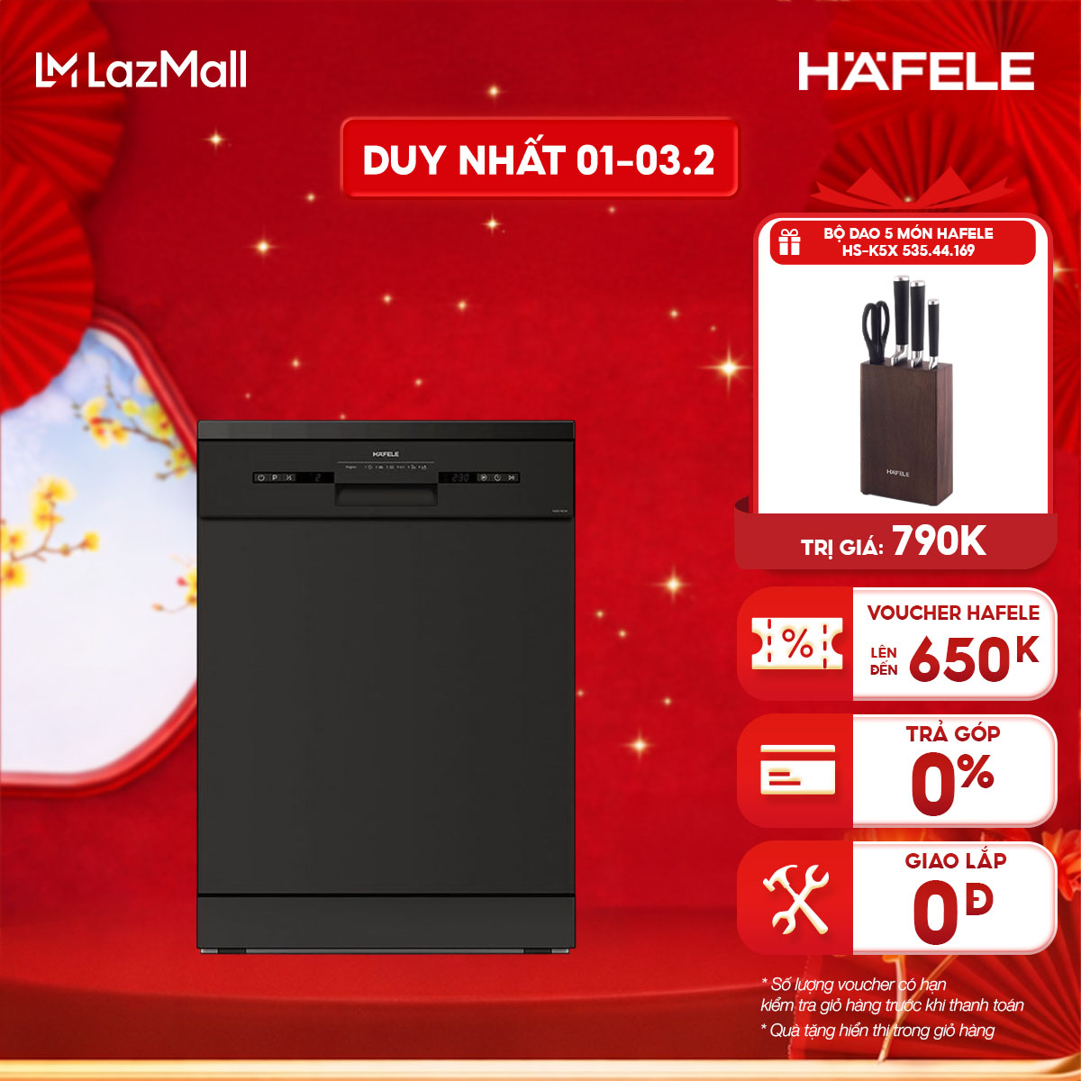 Máy rửa bát độc lập Hafele HDW-F601B - 14 bộ, màu đen, kích thước 597x775x601mm