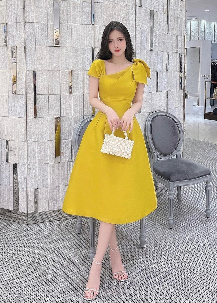 Đầm váy nữ vàng xòe dự tiệc lệch vaiTKN1 Mới 100%, giá: 290.000đ, gọi:  0906878386, Huyện Bình Chánh - Hồ Chí Minh, id-1e161800