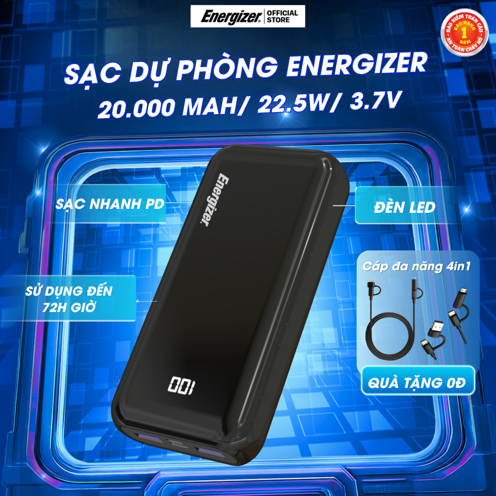 Pin sạc dự phòng Energizer 20000mAh/ 3.7V/ 22.5W - hỗ trợ sạc nhanh PD 3 cổng outputs - Hàng chính h