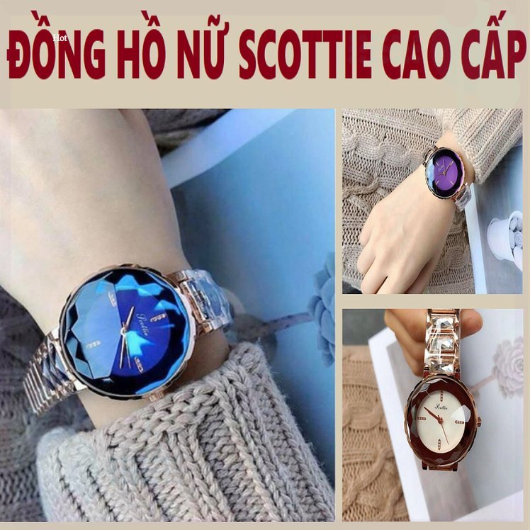 Đồng hồ nữ đeo tay Scottie mặt tròn 33mm kim cương chống nước 3atm dây thép đẹp thời trang cao cấp chính hãng GIA DỤNG THÔNG MINH HÀ THÀNH