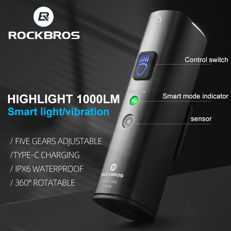 (Global Plus)ROCKBROS đèn pha led 1000LM sạc type-C vỏ nhôm chống thấm nước chuyên dụng cho xe đạp-INTL