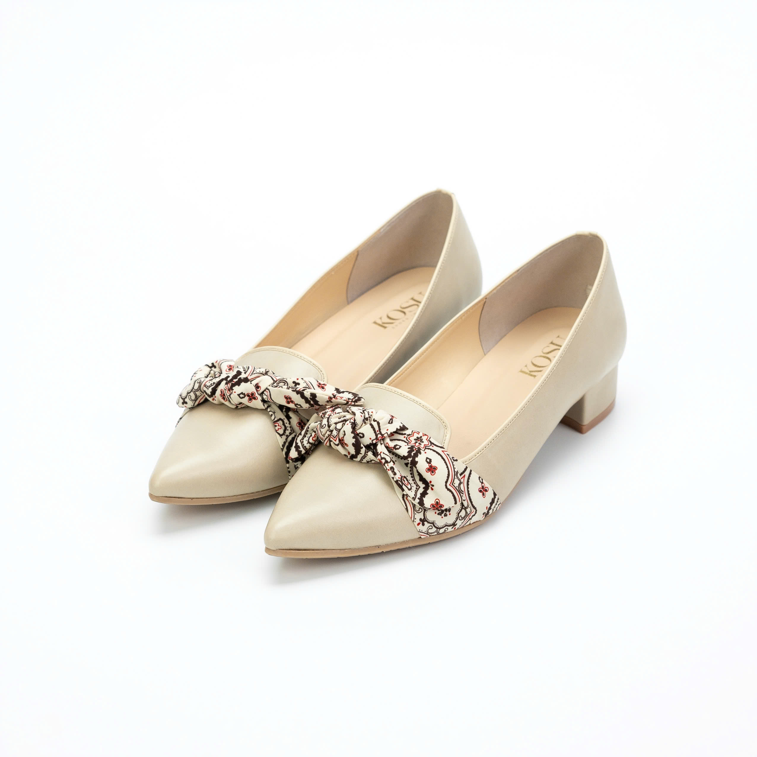 Giầy da KOSU đế vuông hoạ tiết gắn nơ thời trang Nhật Bản cao 3cm 24309