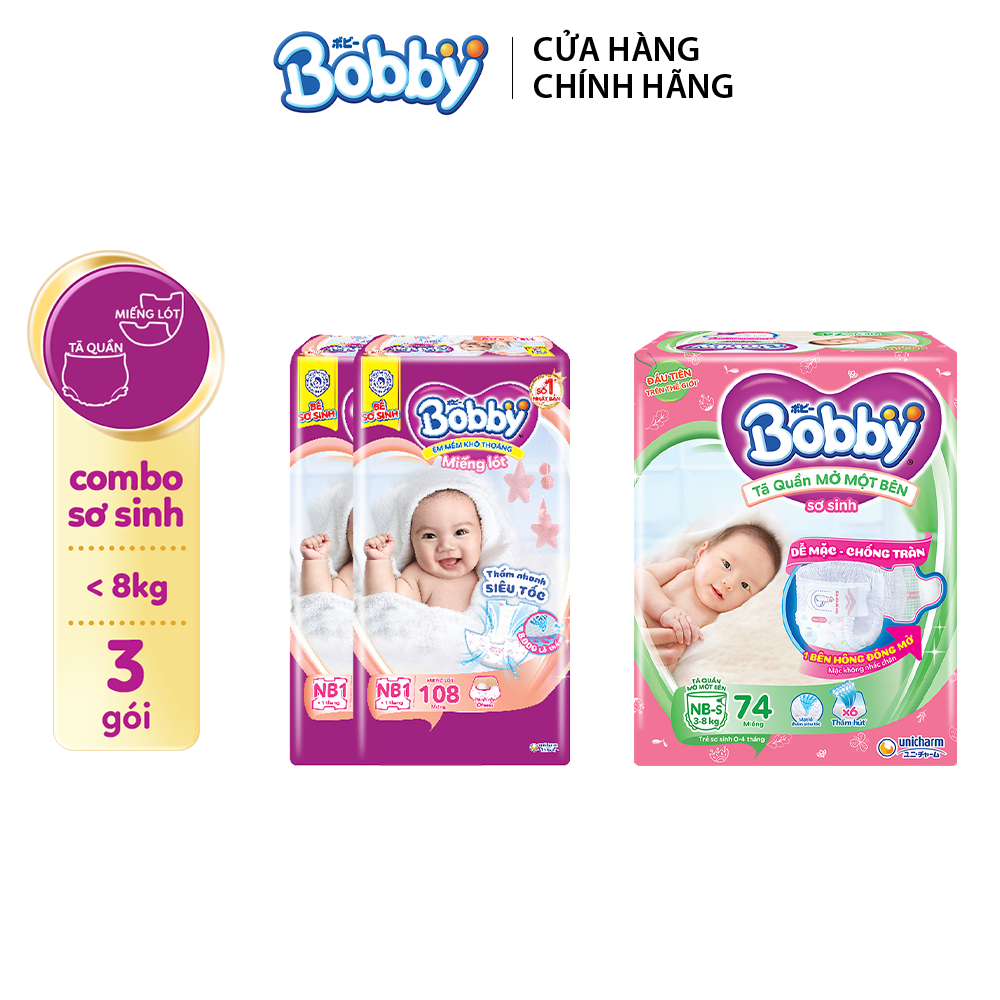 [TẶNG MIẾNG NGẪU NHIÊN] Combo sơ sinh gồm 02 Miếng lót Bobby Newborn 1-108 miếng và 01 gói Tã quần m