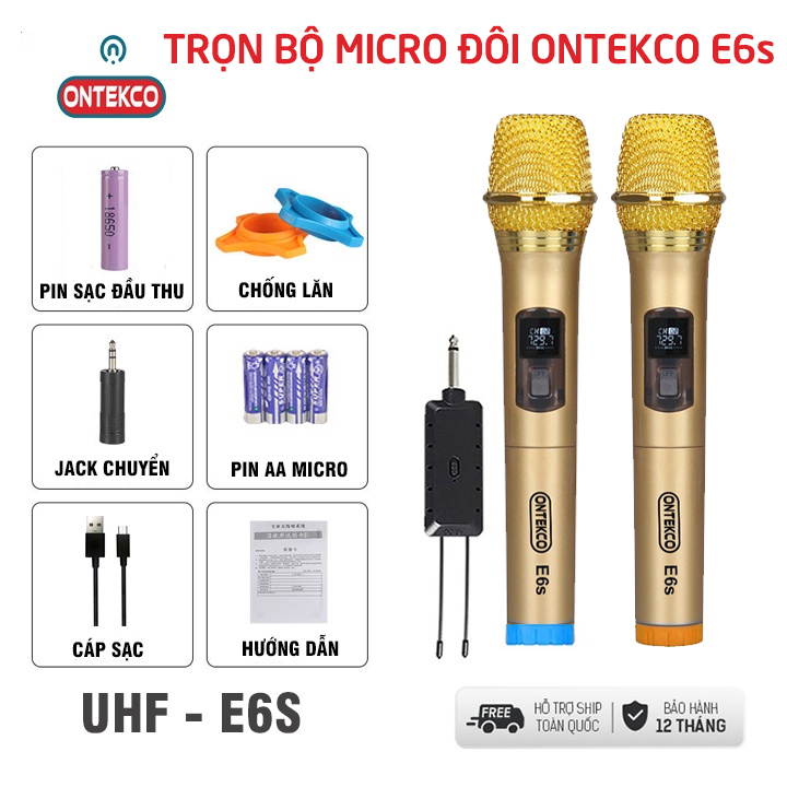 Bộ micro không dây Karaoke Ontekco E6s | Hz113 vàng  Cao cấp Chuyên loa kéo Amply - Karaoke đường phố karaoke gia đình - Bảo hành 12 Tháng (1 đổi 1)