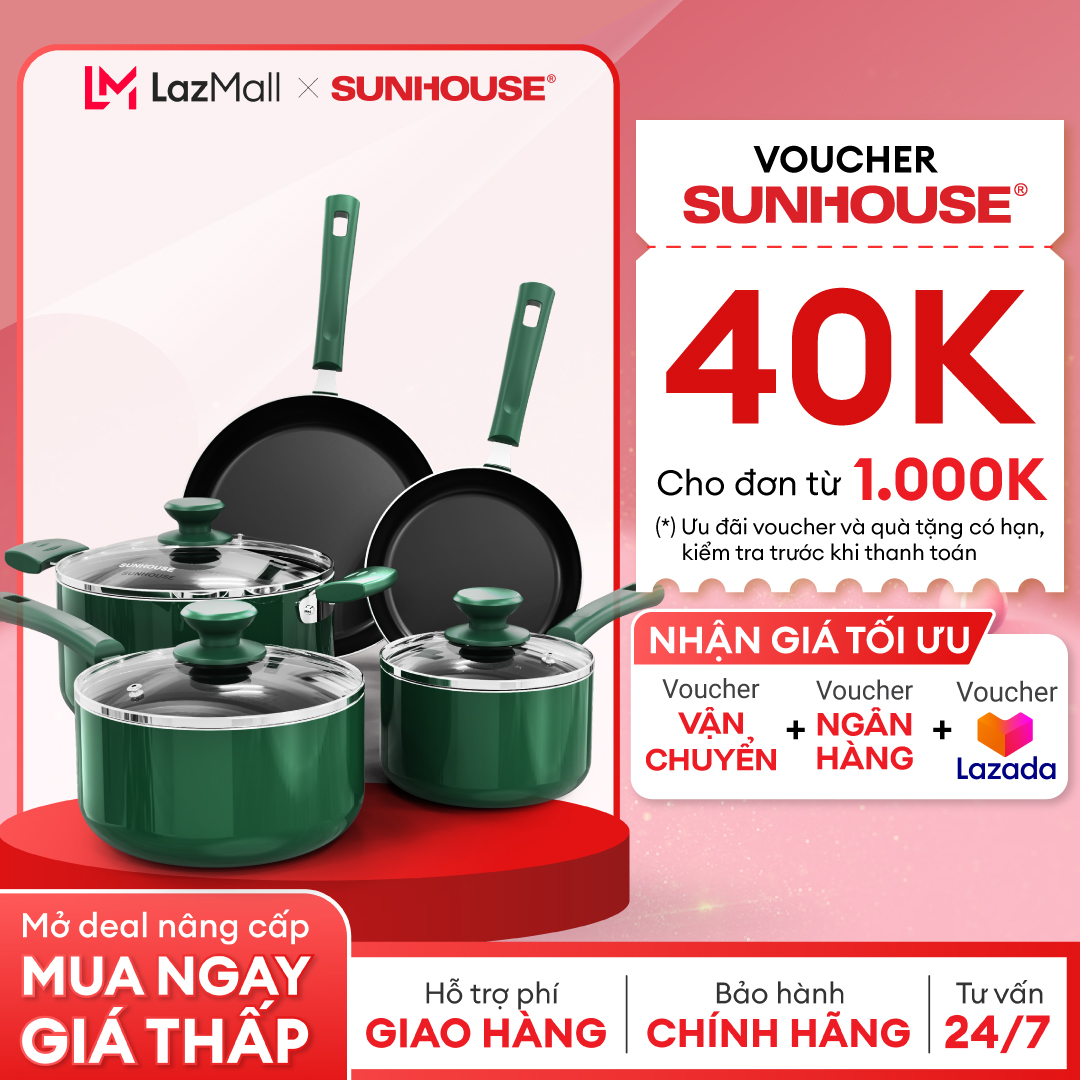 Bộ nồi chảo chống dính 5 món SUNHOUSE AM1101G - Không dùng với bếp từ - Chất liệu hợp kim nhôm siêu 