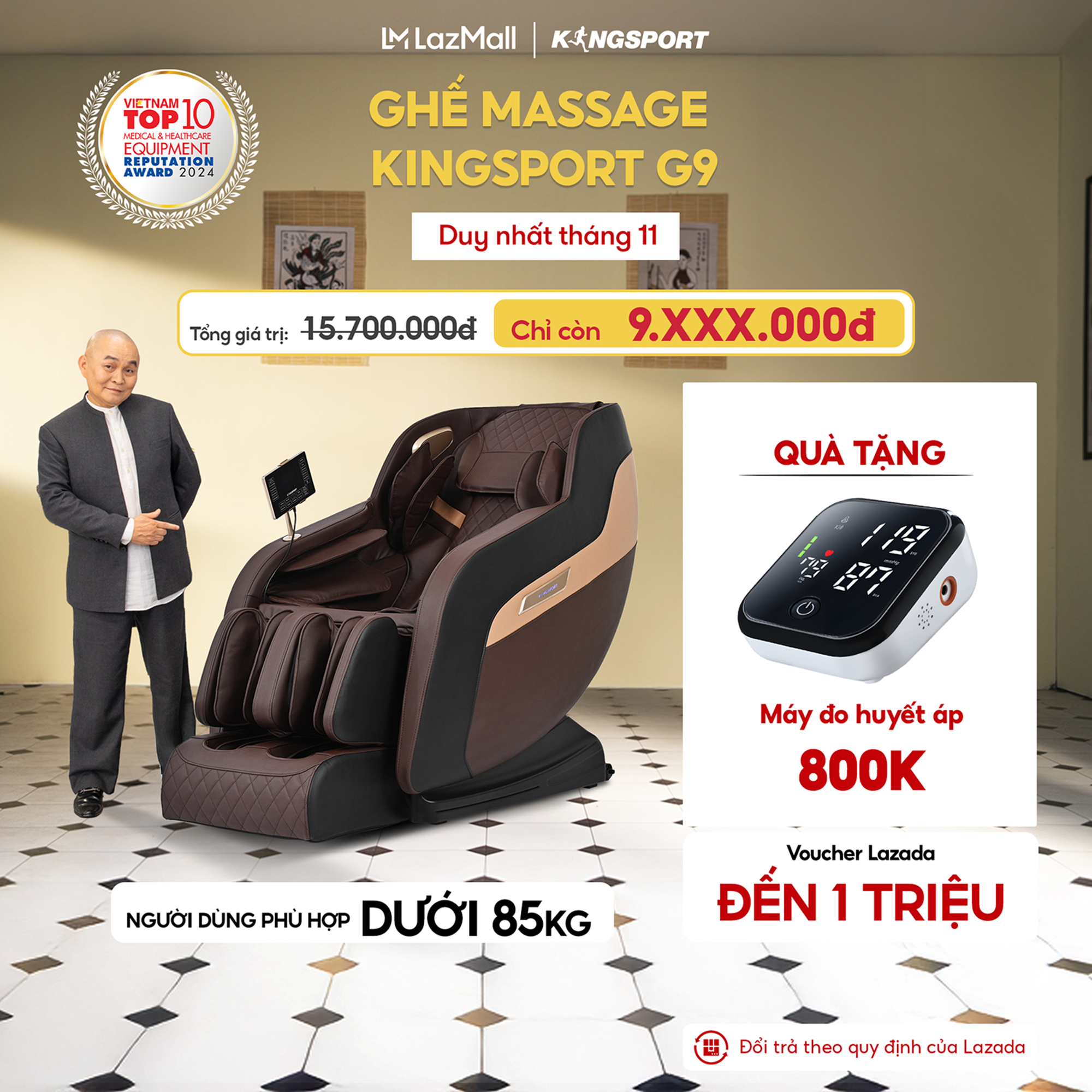 Ghế Massage Toàn Thân KingSport G9 - Công Nghệ Làm Ấm Warmtech, 5 Bài Tập Tự Động, Màu Đen/Xám