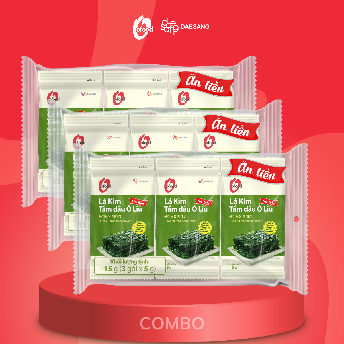 COMBO 2 lốc tặng 1 lốc Rong biển/ Lá kim tẩm dầu Oliu OFood lốc 3 (5 g x 3 gói) ăn liền giòn thơm gi