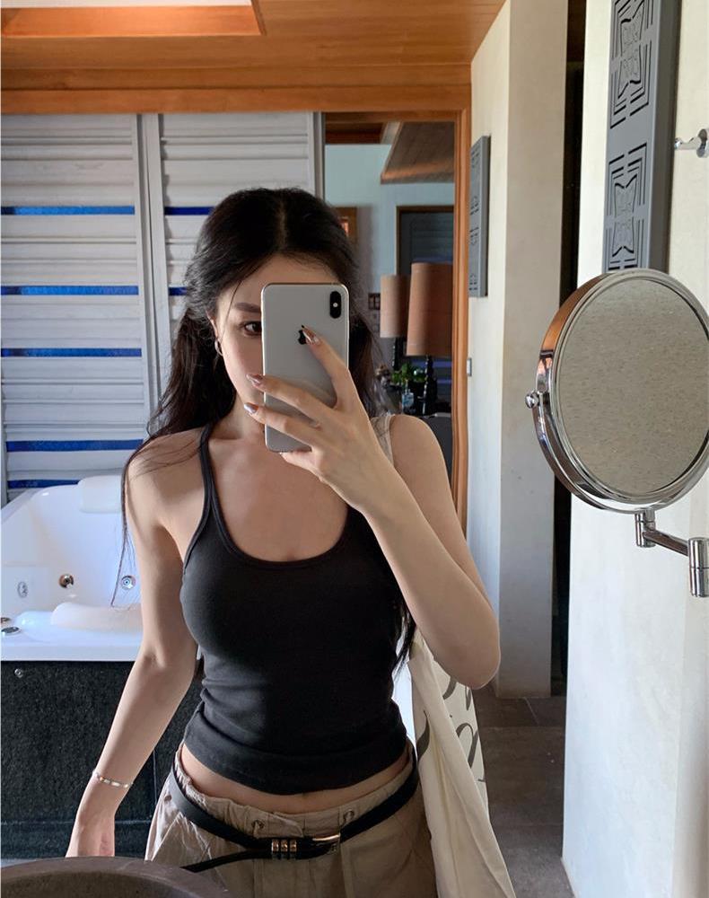 [Zestiva] áo yếm Retro cotton áo hai dây nữ gợi cảm Hàn Quốc Trắng đen xám áo thun ôm body