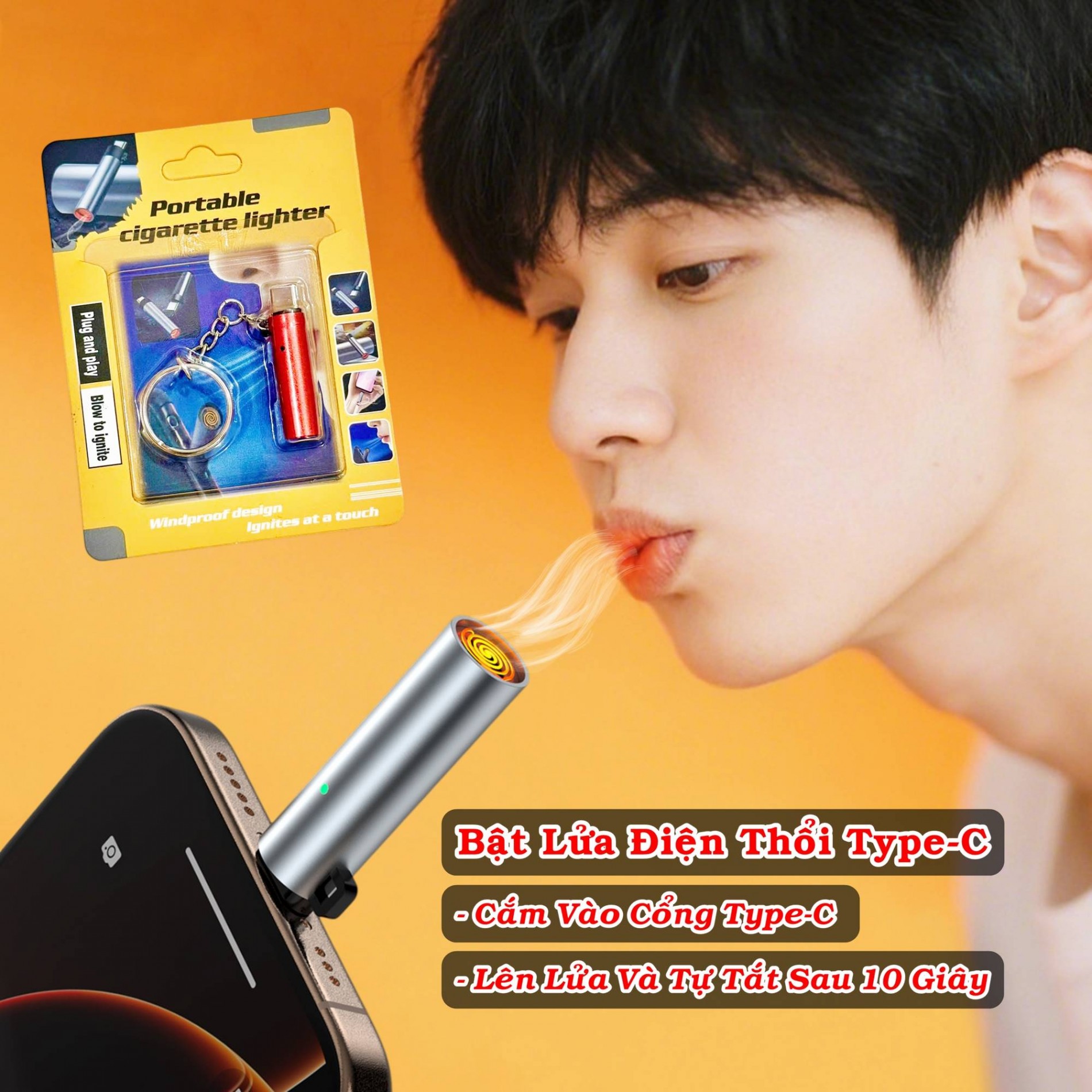 Bật Lửa Điện Thổi TYPE-C Có Móc Khóa ( Kim Loại )