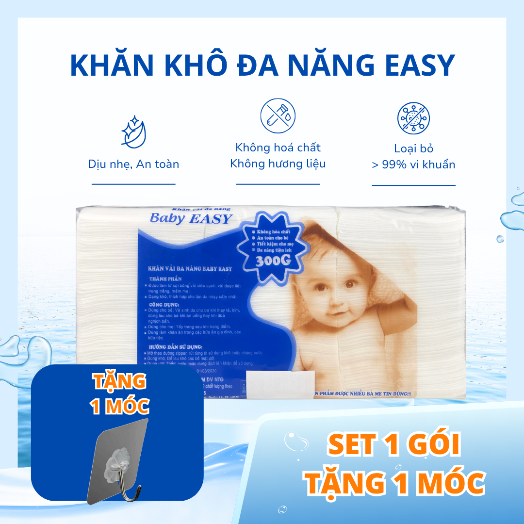 Khăn khô đa năng EASY 300 tờ + Tặng 1 móc treo An toàn tuyệt đối cho trẻ sơ sinh.