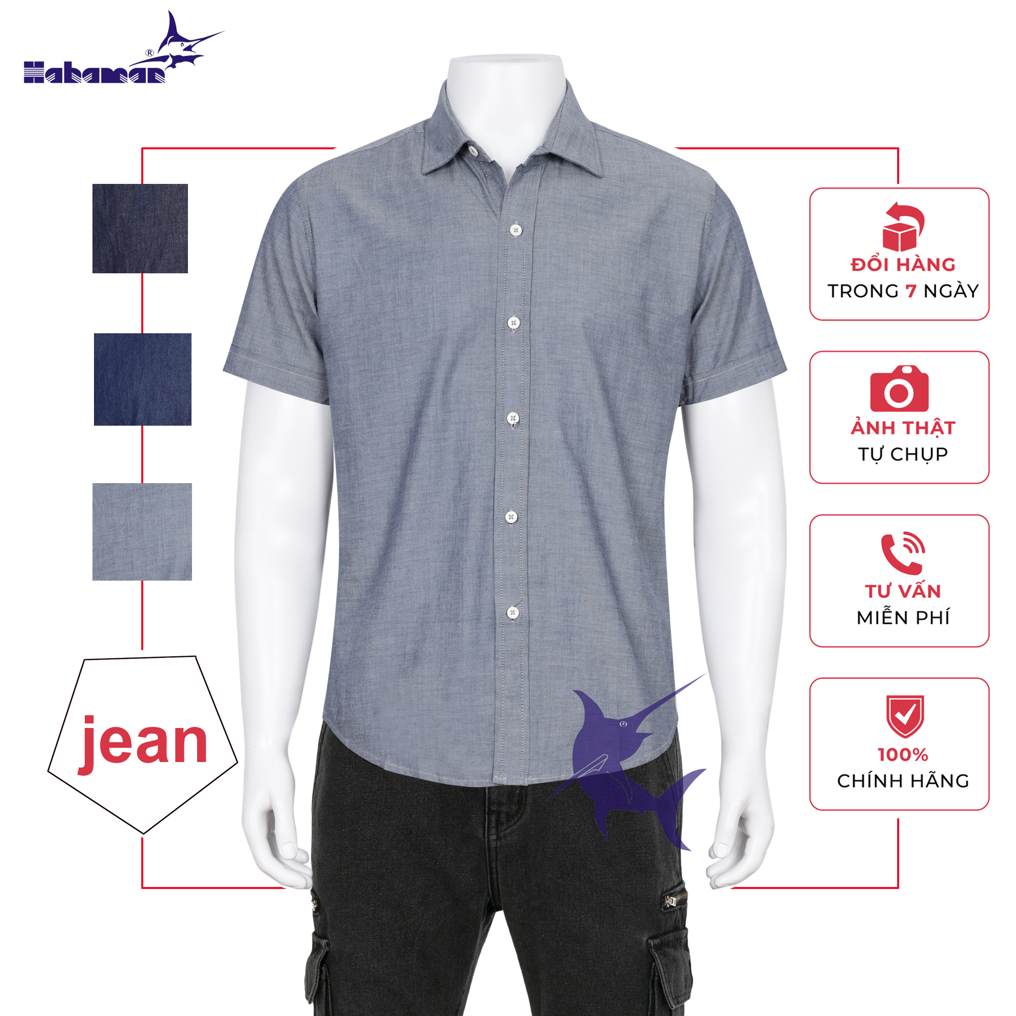 HAHAMAN Áo sơ mi nam jean ngắn tay cao cấp SMJ03004