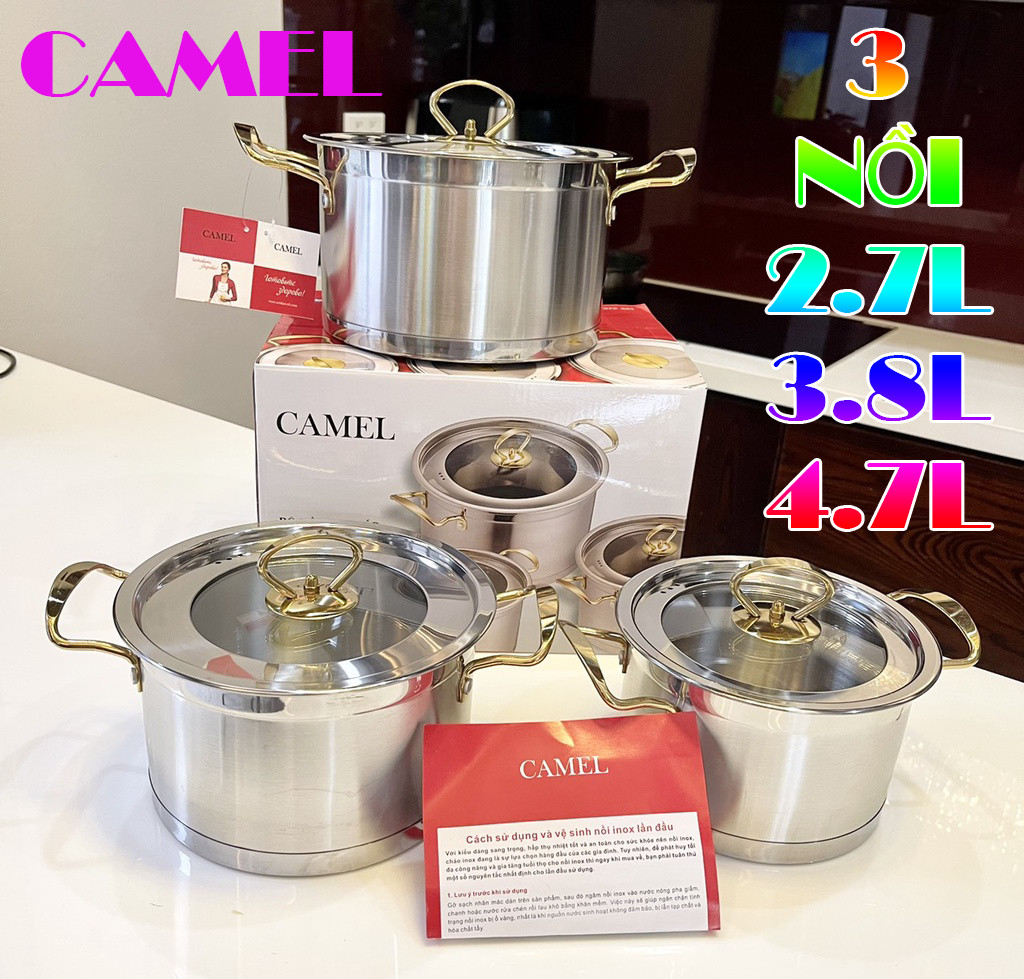 Bộ nồi 3 món inox 304 CAMEL đáy 3 lớp Chống Dính Tay Cầm Cách Nhiệt - Bộ Nồi Inox Cao Cấp Nồi Inox 3