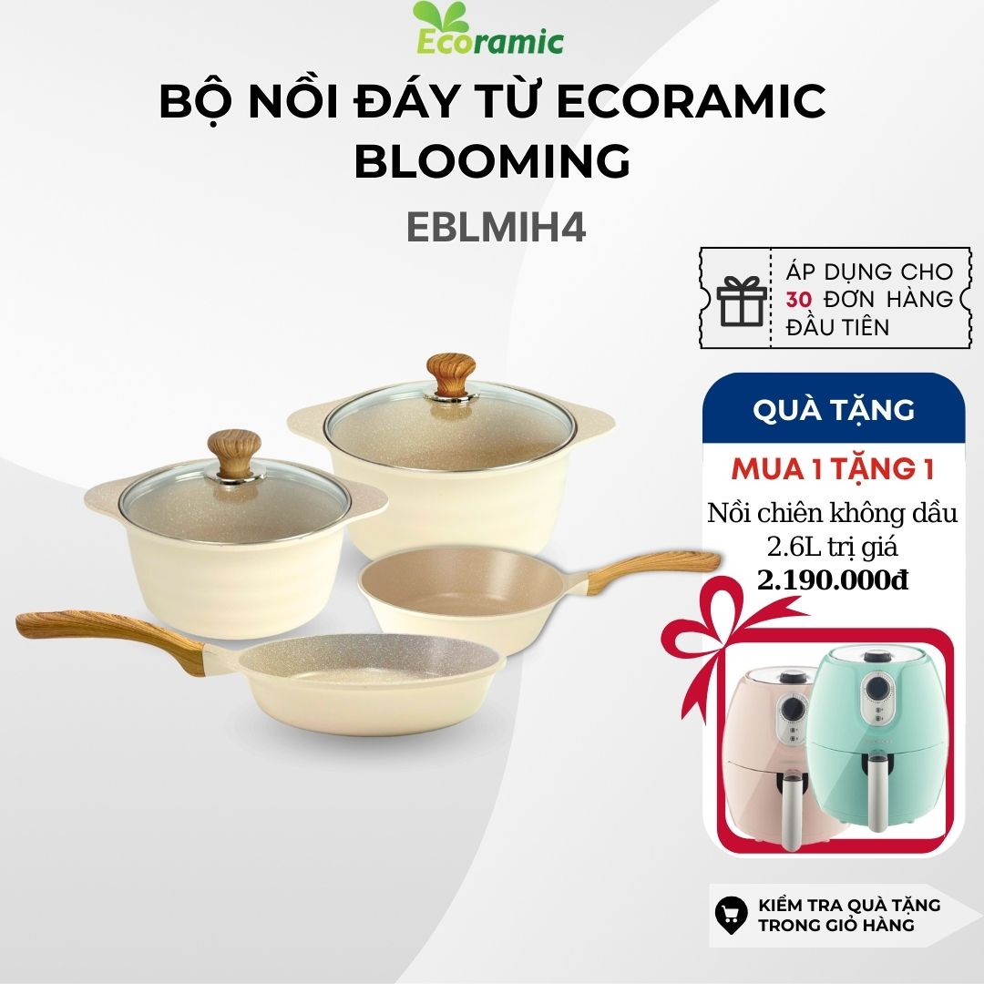 [Tặng nồi chiên không dầu] Bộ 4 Nồi Chảo Chống Dính Đáy Từ Cao Cấp (Nồi 2024cm Chảo 2024cm)