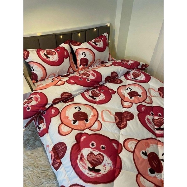 Bộ ga trải giường và vỏ gối chăn phao trần bông 5 món cotton poly - Gấu Đỏ