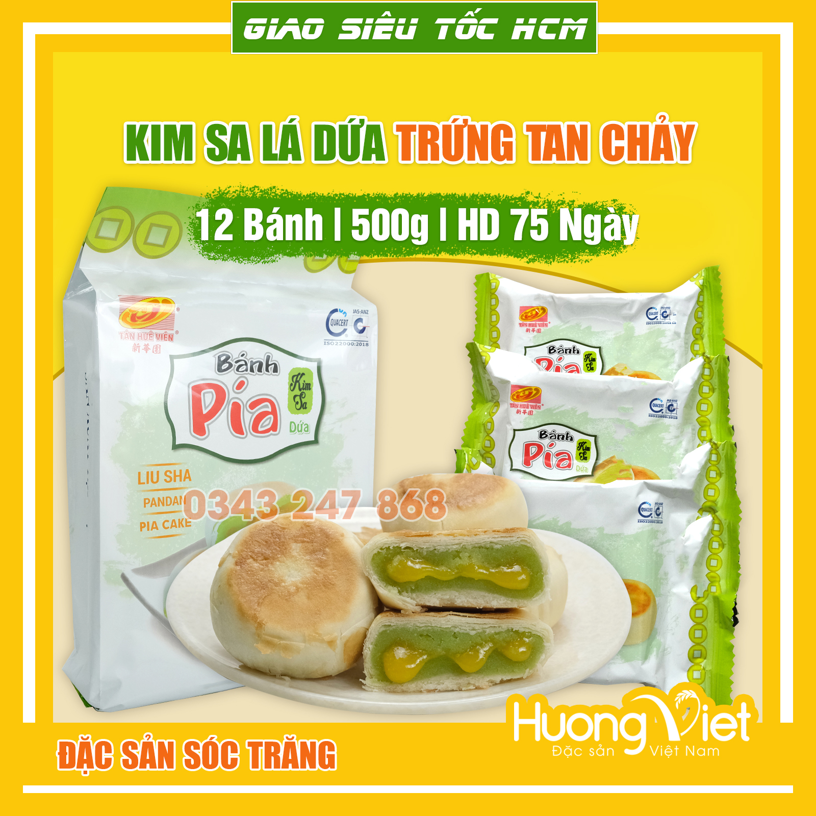 Bánh pía kim sa lá dứa Tân Huê Viên 12 bánh bánh pía Sóc Trăng trứng muối tan chảy