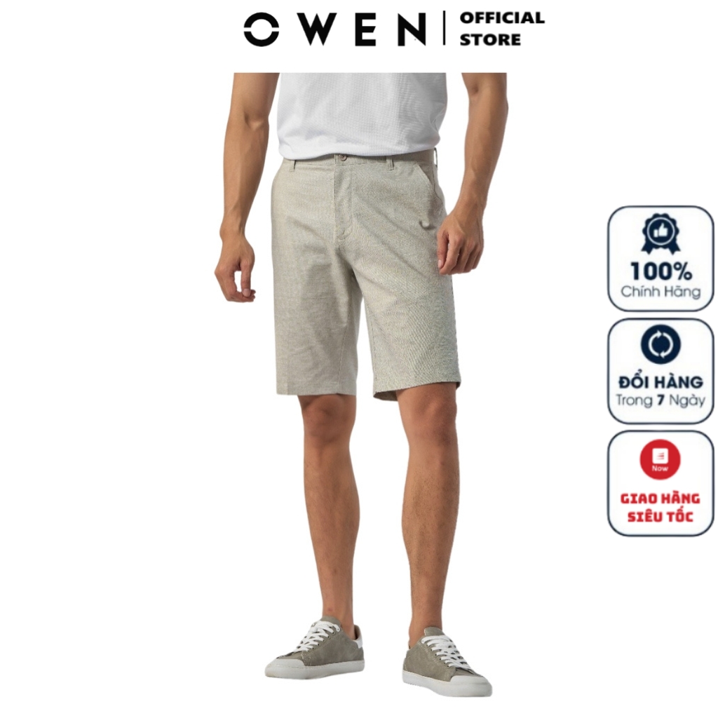 Quần short âu nam Owen Cao Cấp ST231274 Quần Sooc Ngố Đùi màu be chất vải cotton dáng slim fit ôm vừ