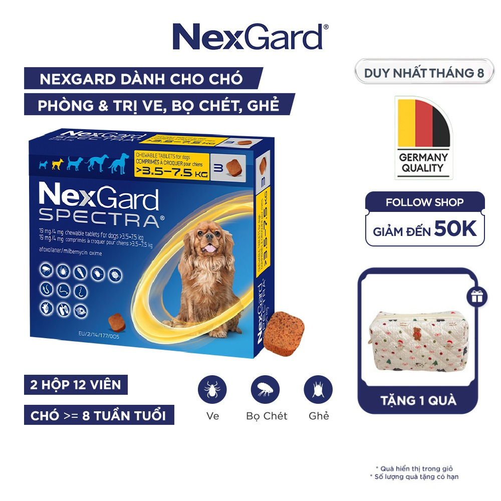 NexGard SPECTRA - Viên nhai phòng & trị nội ngoại ký sinh (ve rận bọ chét ghẻ demodex sarcoptes giun) dành cho Chó