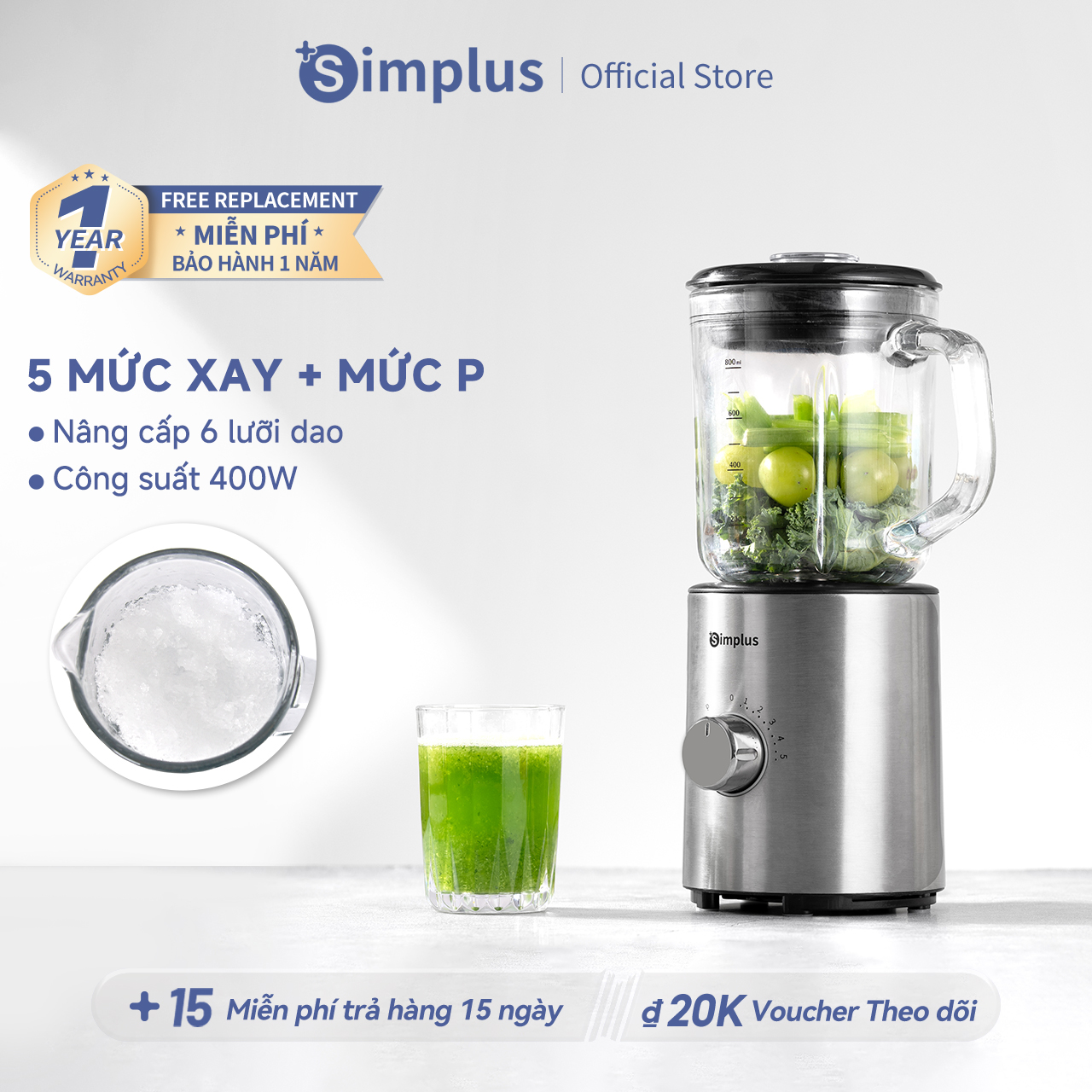 Simplus Máy xay thực phẩm đa chức năng Simplus   Công suất cao 400W - Lưỡi thép không gỉ - Đa năng x
