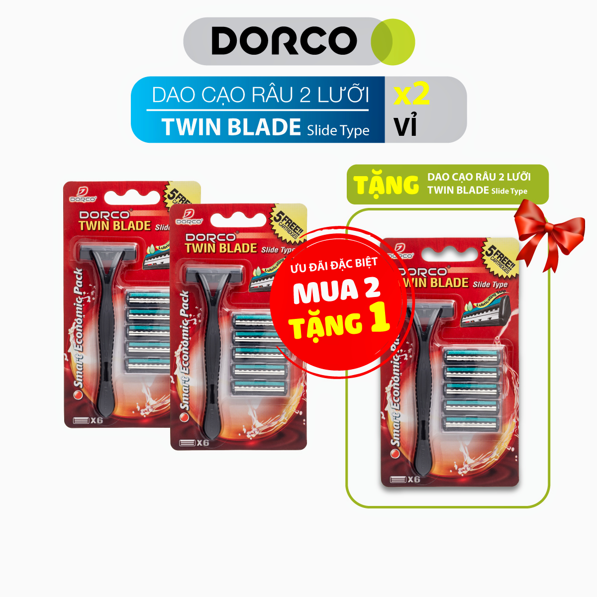 Combo 2 Vỉ Dao Cạo Râu 2 Lưỡi Dorco Twin Blade Slide Type Tặng 1 Sản Phẩm Cùng Loại