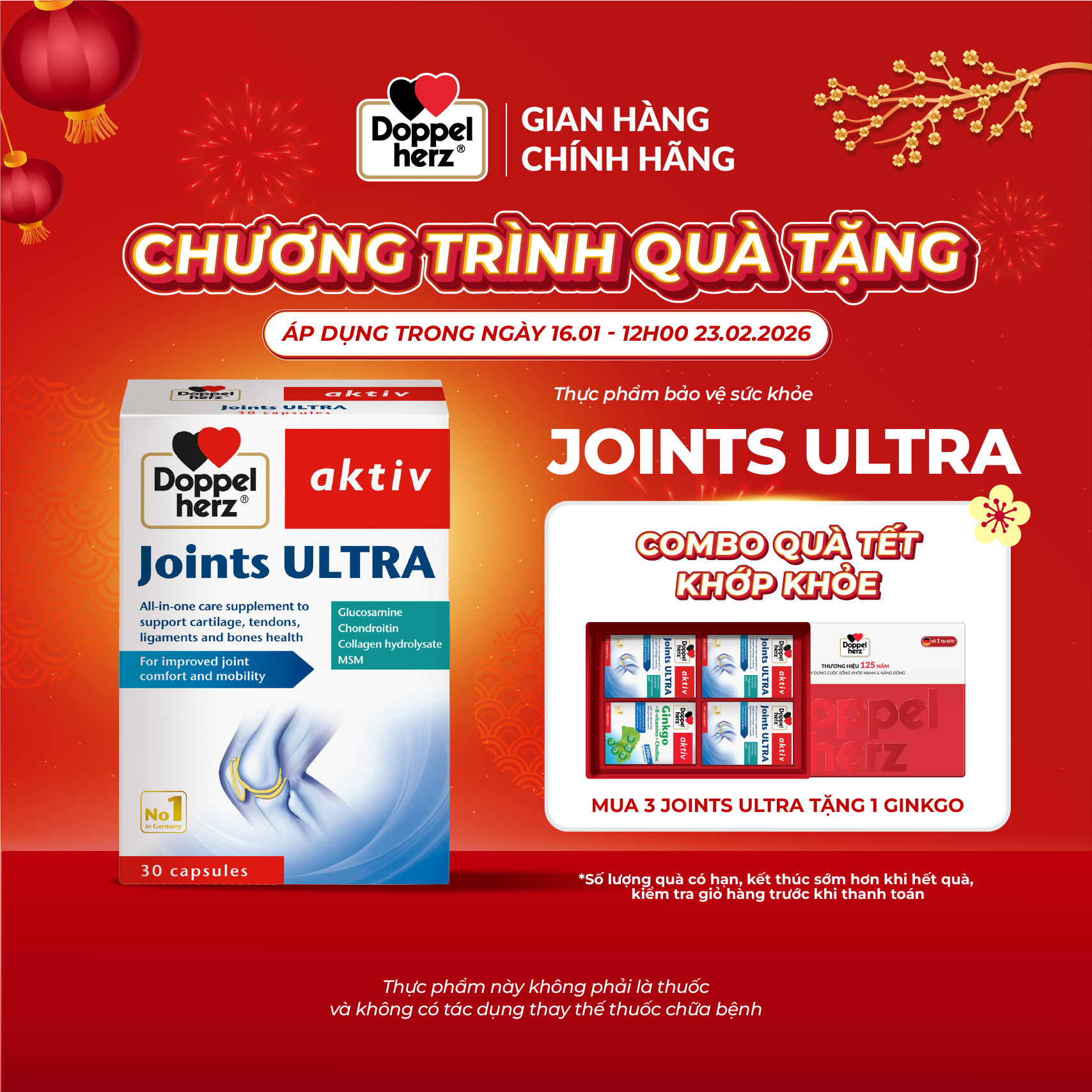 Viên uống Doppelherz Joints Ultra hỗ trợ cải thiện chức năng và ngăn ngừa thoái hóa khớp (Hộp 30 viê