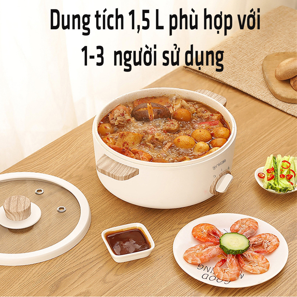 Nồi điện đa năng nấu mỳ cháo lẩu ANKALE AJL-A1502 ceramic 1.5 lít-Nồi Điện Mini Hai Tầng Đa Năng Tặn