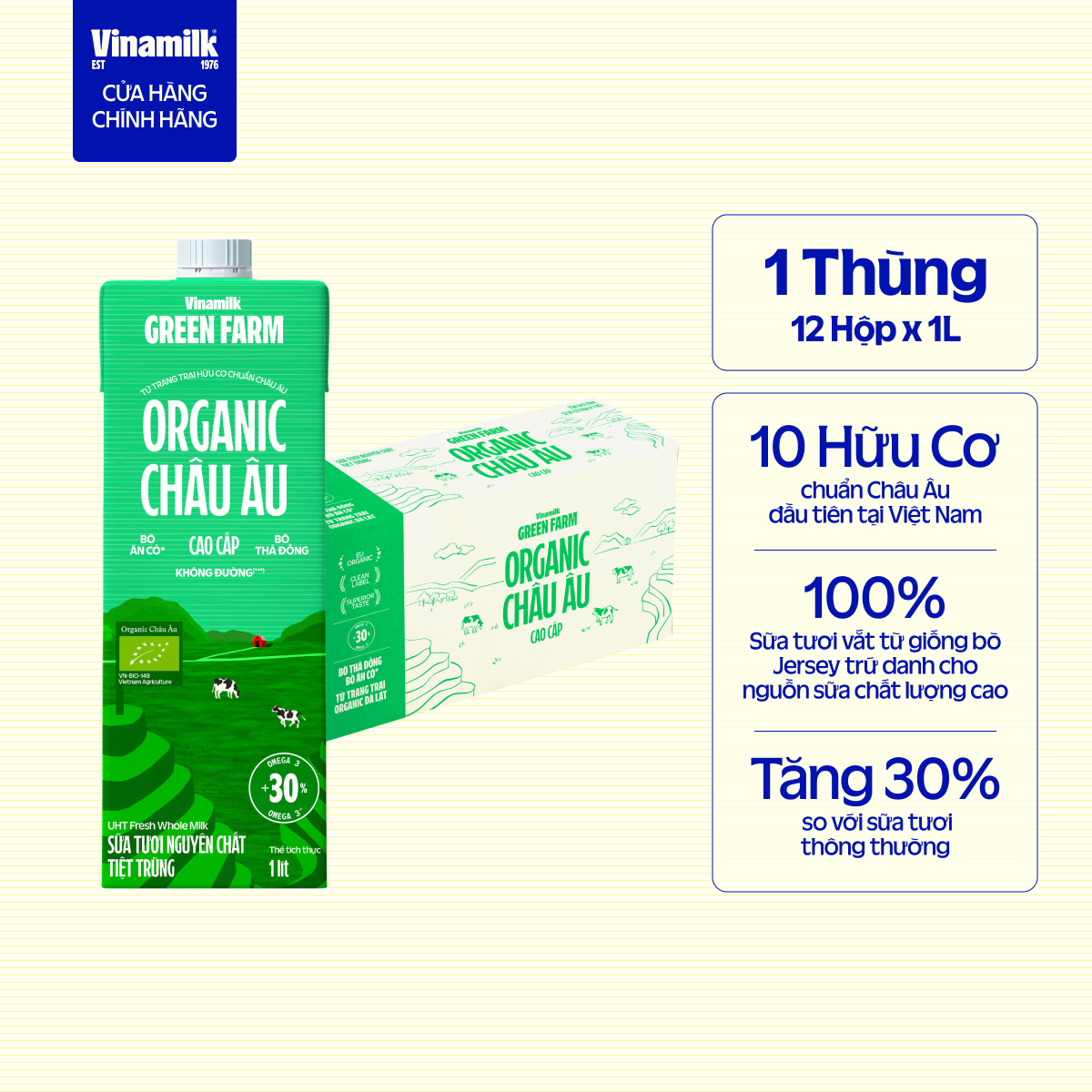 Thùng 12 hộp sữa tươi tiệt trùng hữu cơ 100% Green Farm Organic 1L