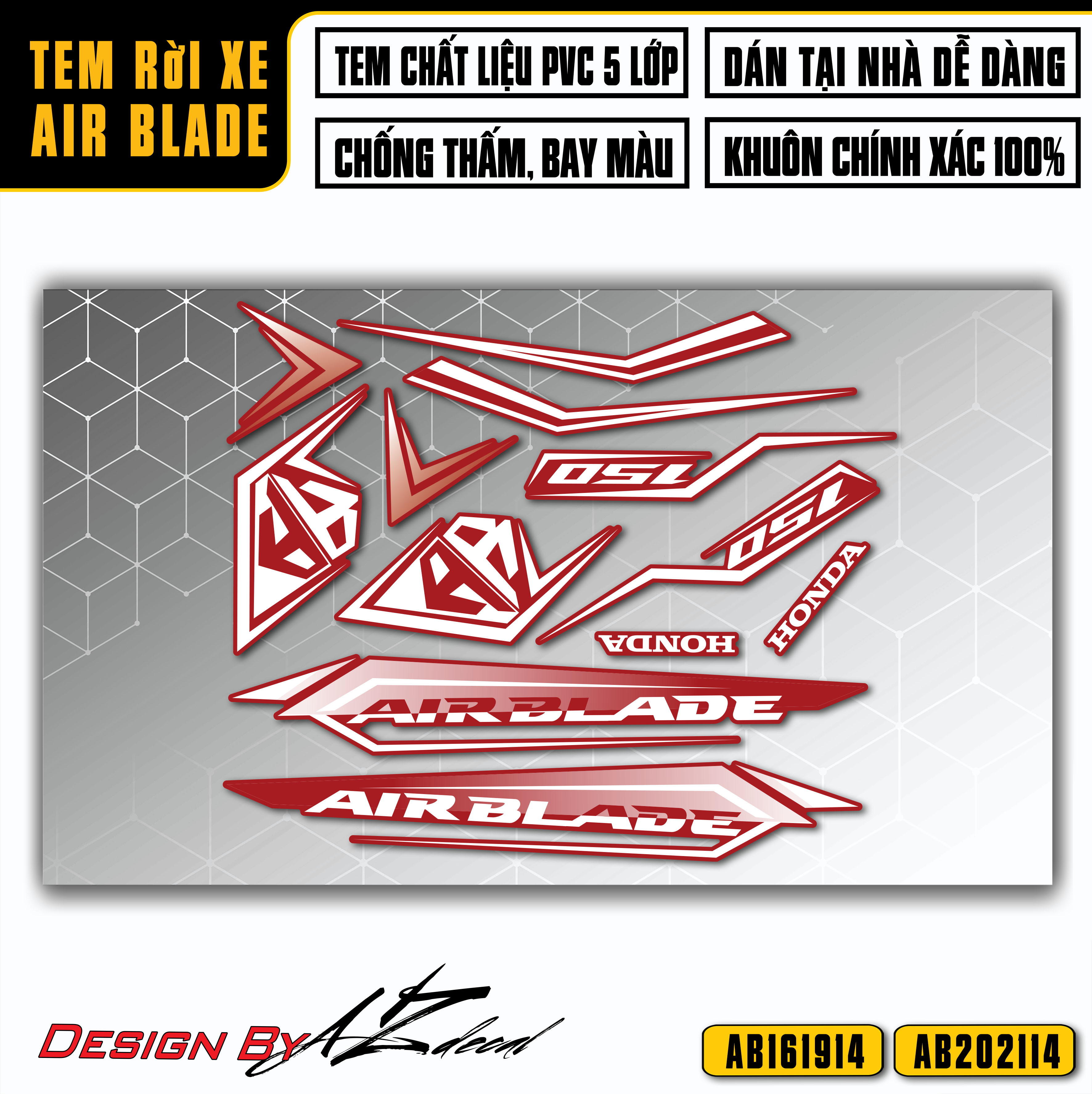 Tem Rời Xe Air Blade Mẫu Logo AB | AB14 | Decal Chế Chất Liệu PVC Cao Cấp In Hình Rõ Nét Chống Nước 