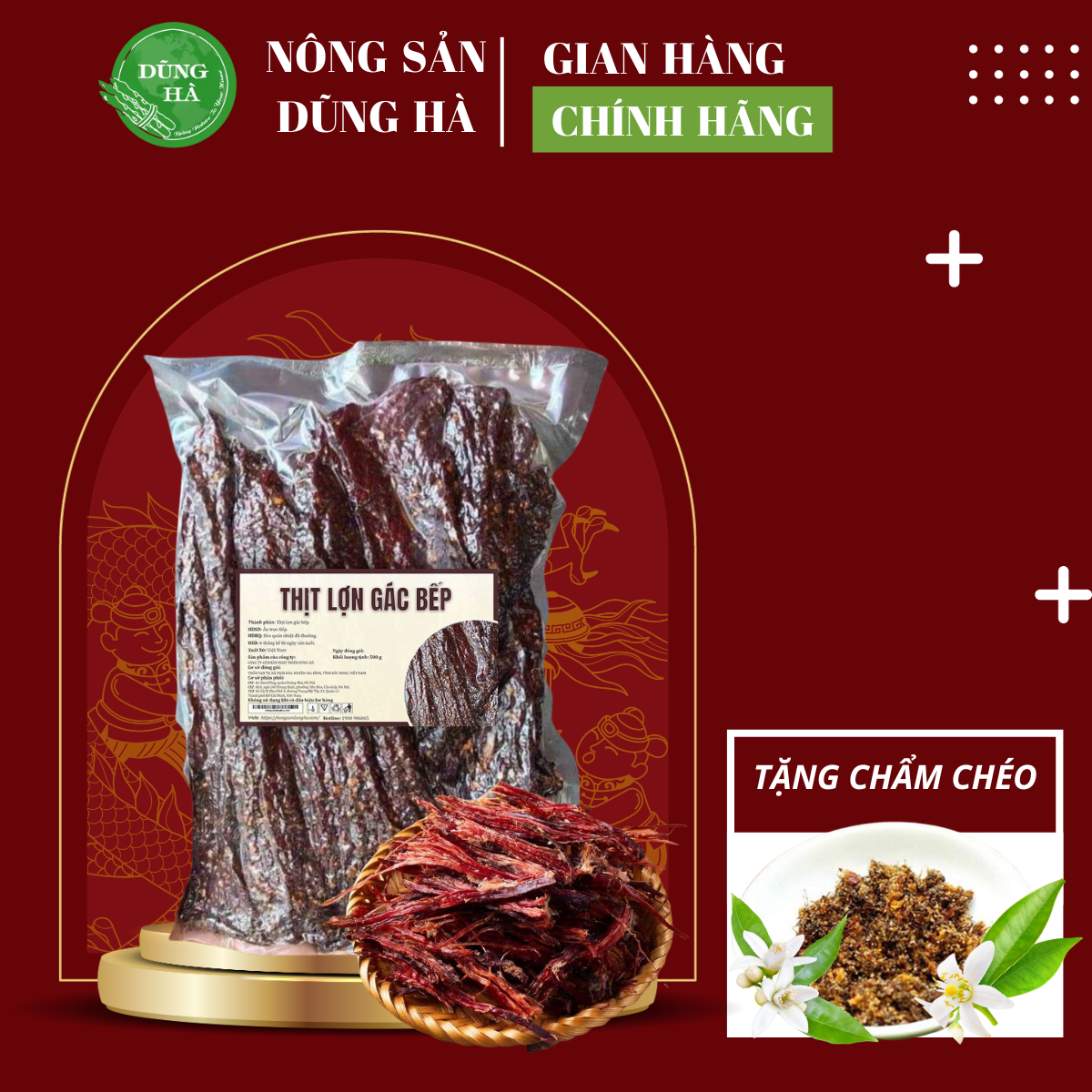 [500gr Tặng chẩm chéo và 10gr hạt dổi] Thịt Lợn Gác Bếp Thơm Ngon Chuẩn Vị Tây Bắc Thịt Heo Sấy Gác 