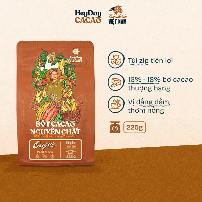 Bột cacao nguyên chất Việt Nam không đường Heyday - Túi zip 225g - Dòng Origin 16% - 18% bơ cacao tự nhiên - Vị socola nguyên bản