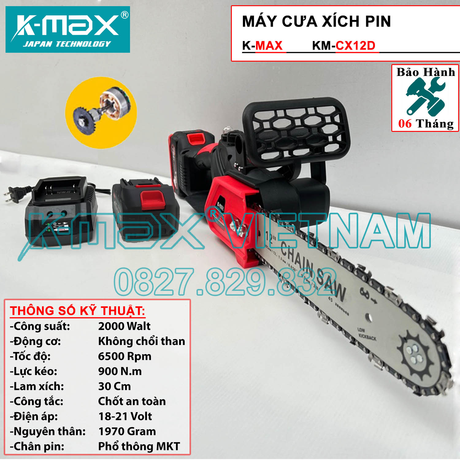 (Cưa xích 12IN) Máy Cưa xích Chính hãng KM-CX12D Công suất 2000w Pin chịu tải 65A Dùng chân pin Makita Công Suất Lớn đường kính cắt 12 inch
