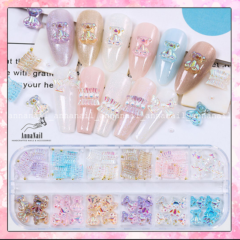 Bộ 12 Ngăn Phụ Kiện Làm Nail Mix Hình Gấu - Nơ - Hạt Trai Cực Xinh