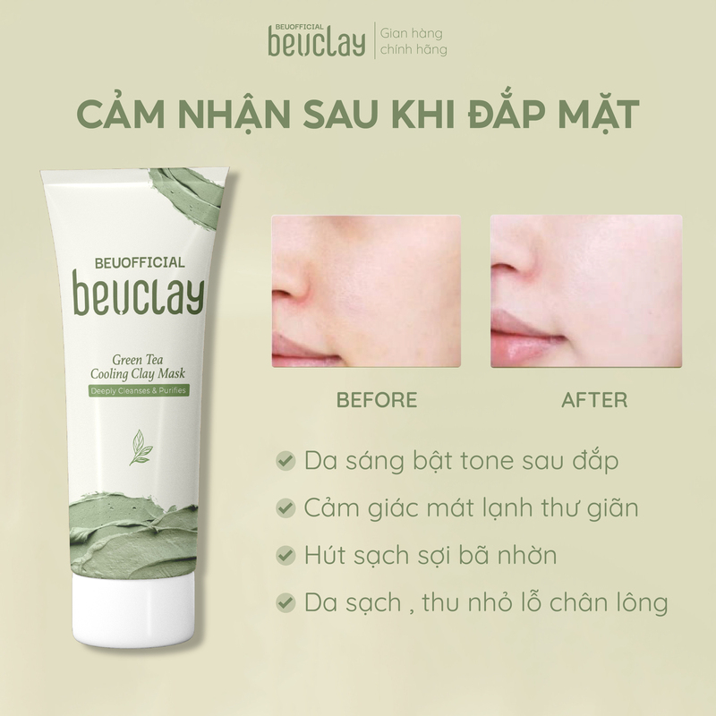 Mặt nạ bùn đất sét BEUCLAY trà xanh sáng da se khít lỗ chân lông kiểm soát dầu ngăn ngừa mụn cám mụn đầu đen