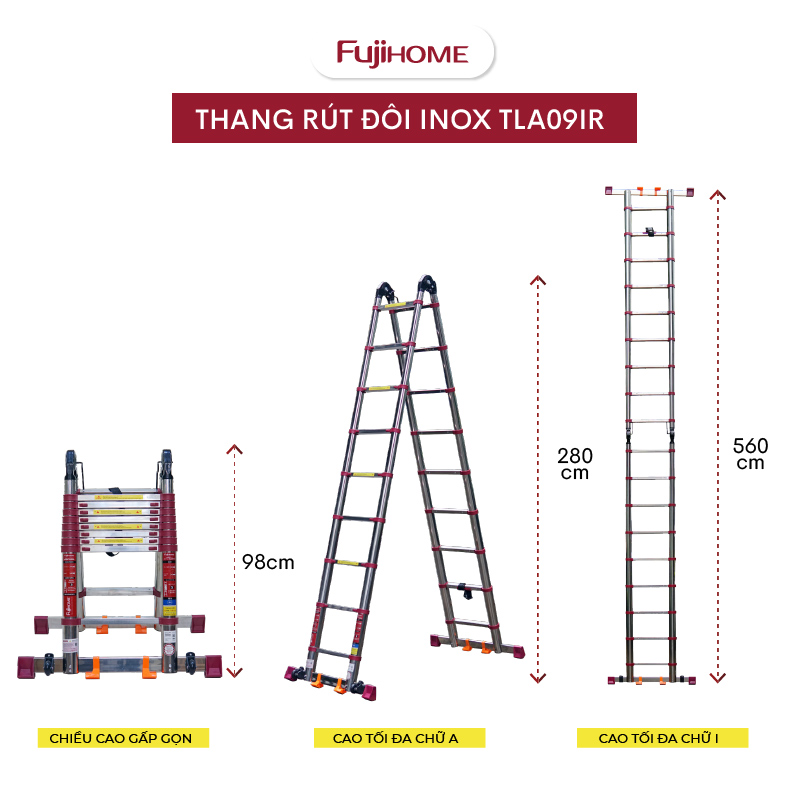 Thang inox rút chữ A Nhập Khẩu 44M - 56M gấp gọn chính hãng FUJIHOME thang rút đôi đa năng xếp gọn g