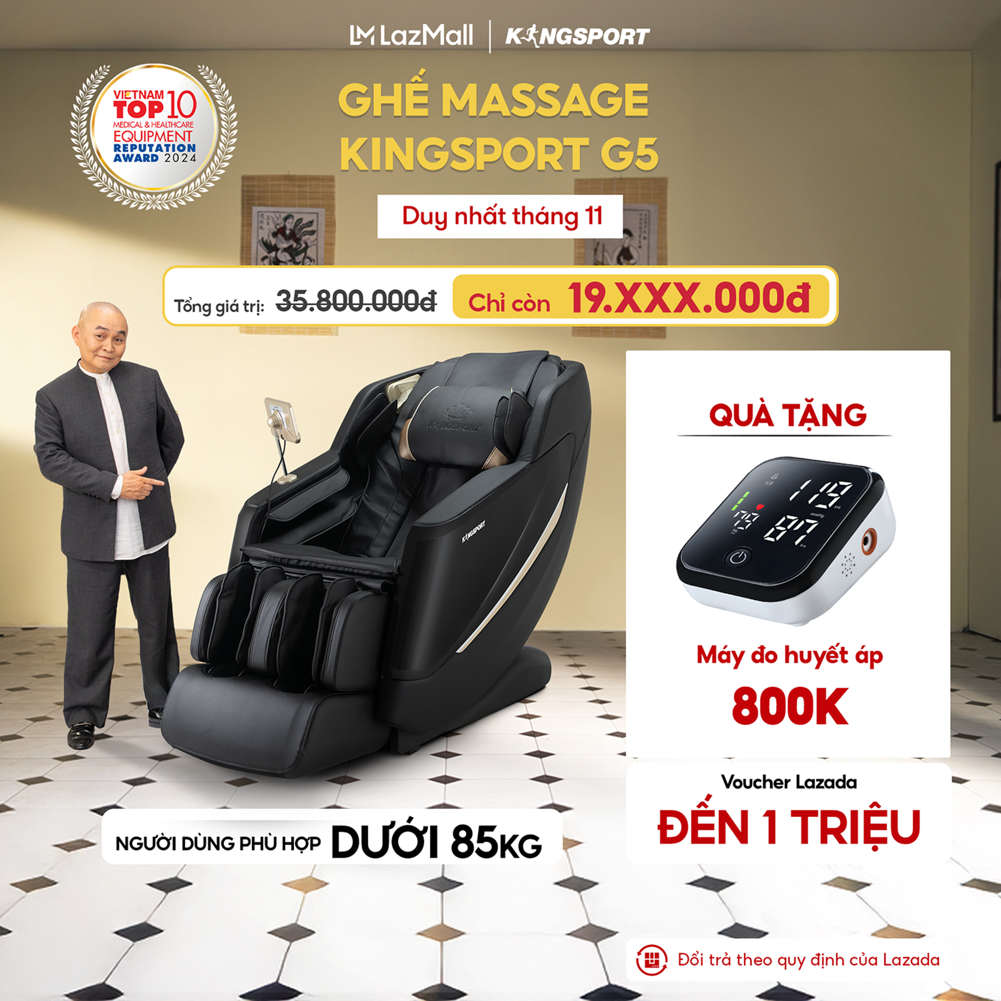 Miễn phí lắp đặt | Ghế massage KINGSPORT Standard G5 BLACK cao cấp con lăn 3D với 8 bài tập thiết kế