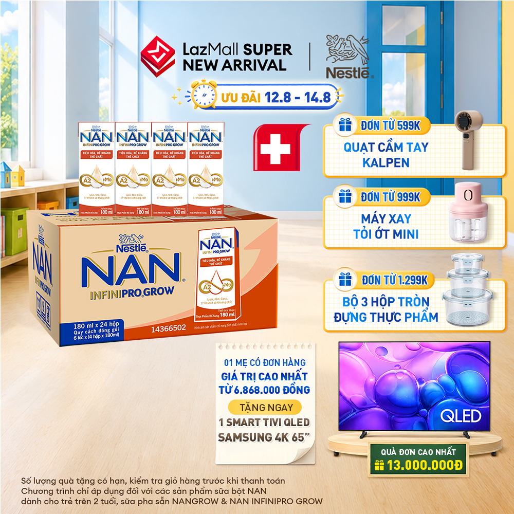 [CHỈ 12-14.08 QT ĐƠN 599K/999K/1299K]Thùng 24 hộp sữa pha sẵn Nestle NAN INFINIPRO GROW với công thức vượt trội kết hợp sữa A2 và HMO hỗ trợ tiêu hóa đề kháng và phát triển thể chất (4x180ml)