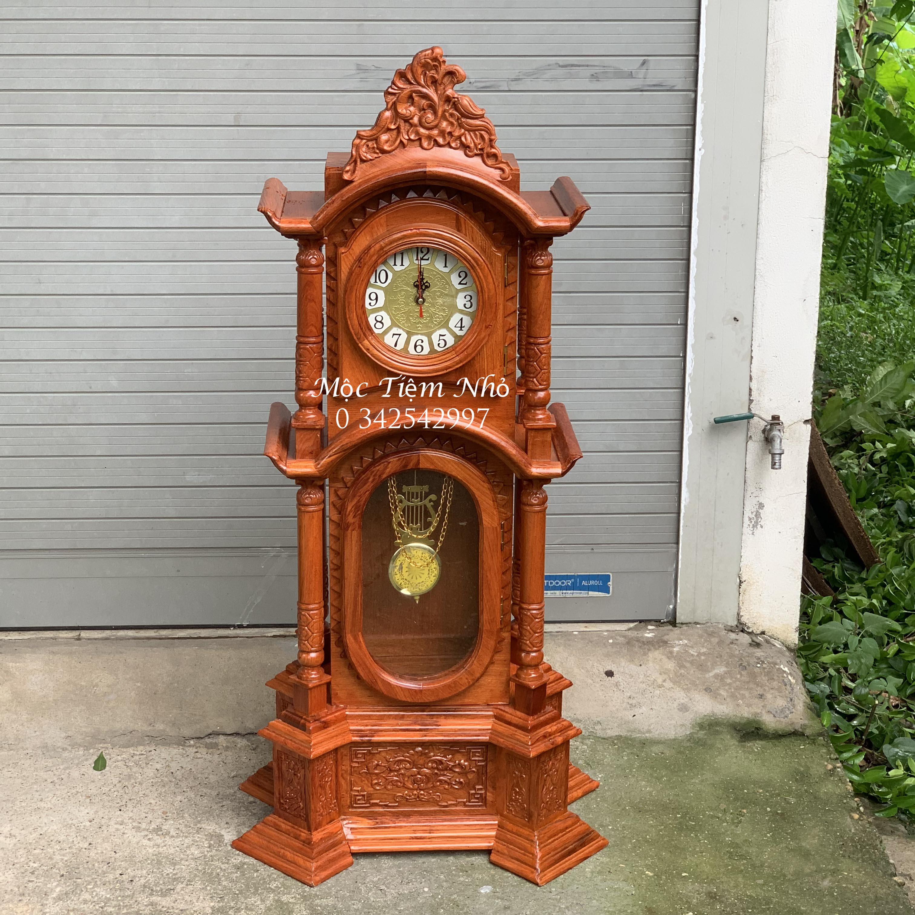 Đồng hồ cây trang trí phòng khách quả lắc gỗ hương cao 107cm