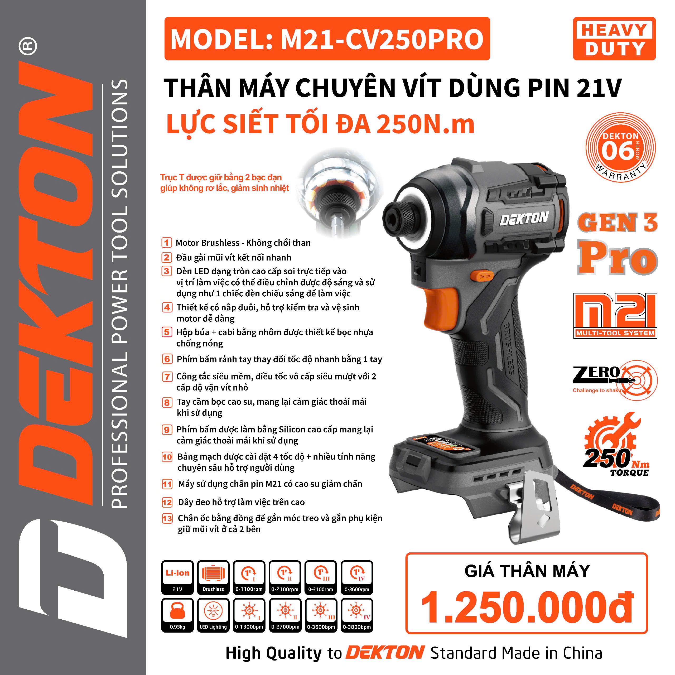 [GEN 3 PRO] Máy Chuyên Vít Dekton M21-CV250PRO Không Chổi Than Chân Pin Phổ Thông Cò Siêu Mượt