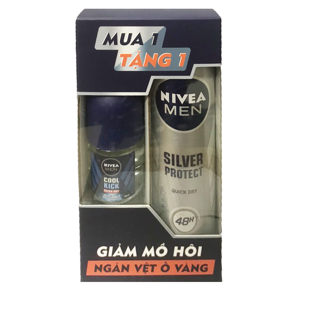 Hộp Quà Xịt Ngăn Mùi Nivea Men Silver Protect 150Ml+Lăn Ngăn Mùi Cool Kich 12Ml