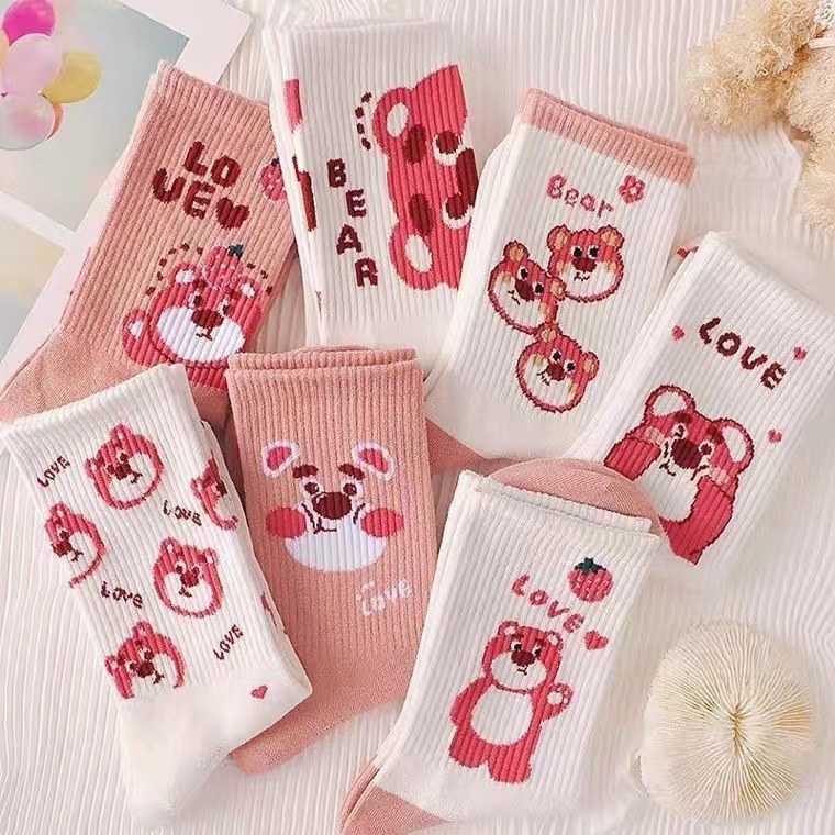 set 10 Đôi Tất Gấu Hồng Mivino vớ cổ cao hoạ tiết bear dâu hoạt hình