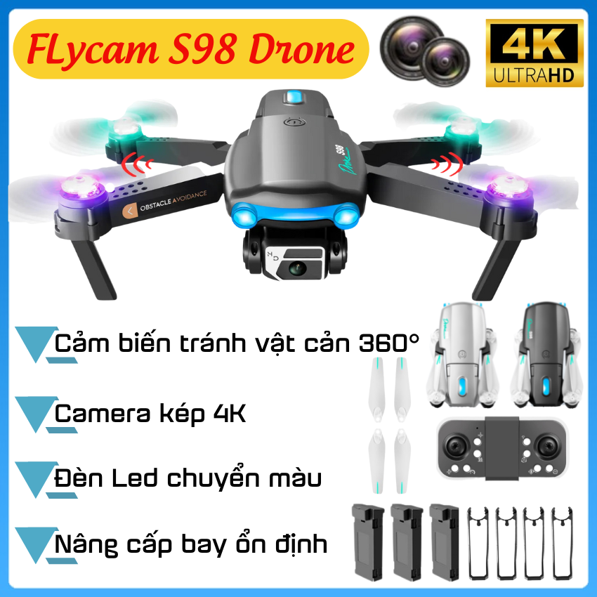Flycam P9 Pro / Máy bay camera S98 Flycam có camera 4k giá rẻ Playcam drone mini 2 camera trang bị cảm biến tránh vật cản chống rung nâng cấp bay ổn định