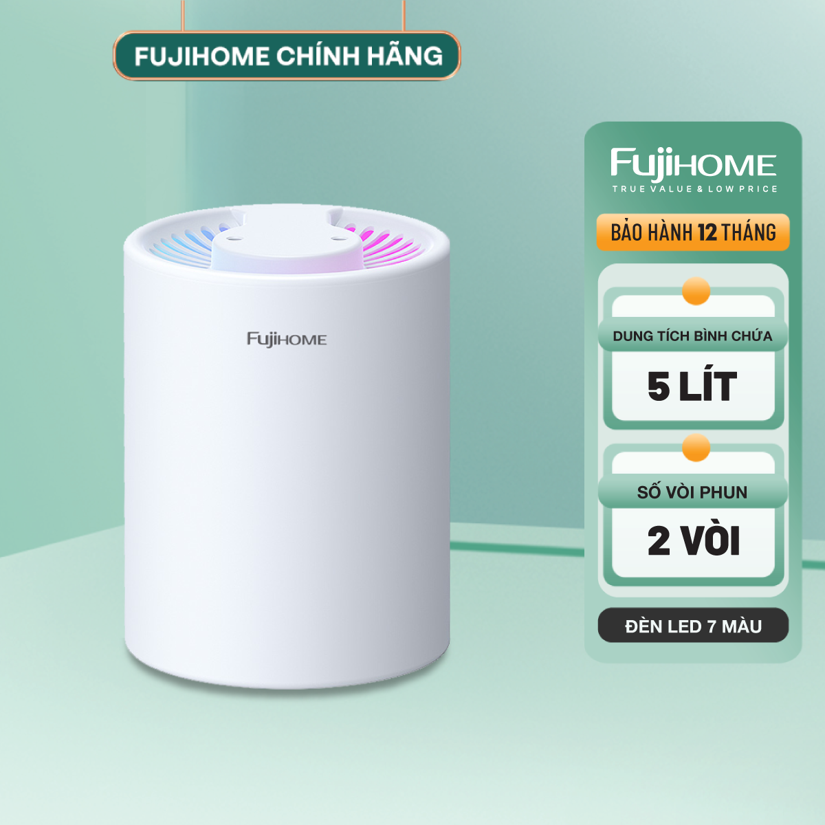 Máy phun sương tạo ẩm FUJIHOME HM05A  dung tích lớn 2 vòi phun  tích hợp đèn Led 7 màu - Bảo hành đi