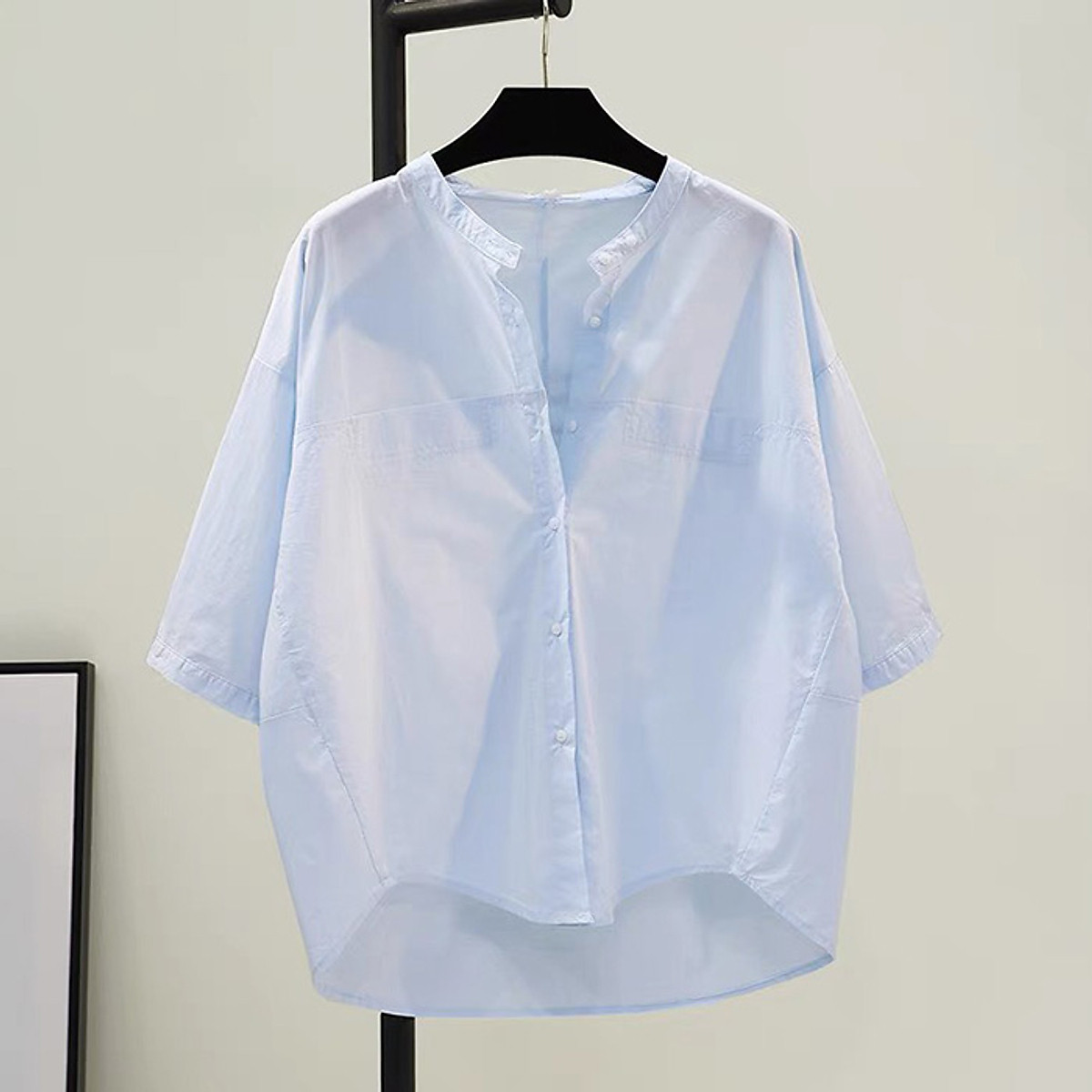Áo sơ mi nữ cổ tàu tay lỡ form rộng chất thô 3 màu (Trắng Hồng Xanh)