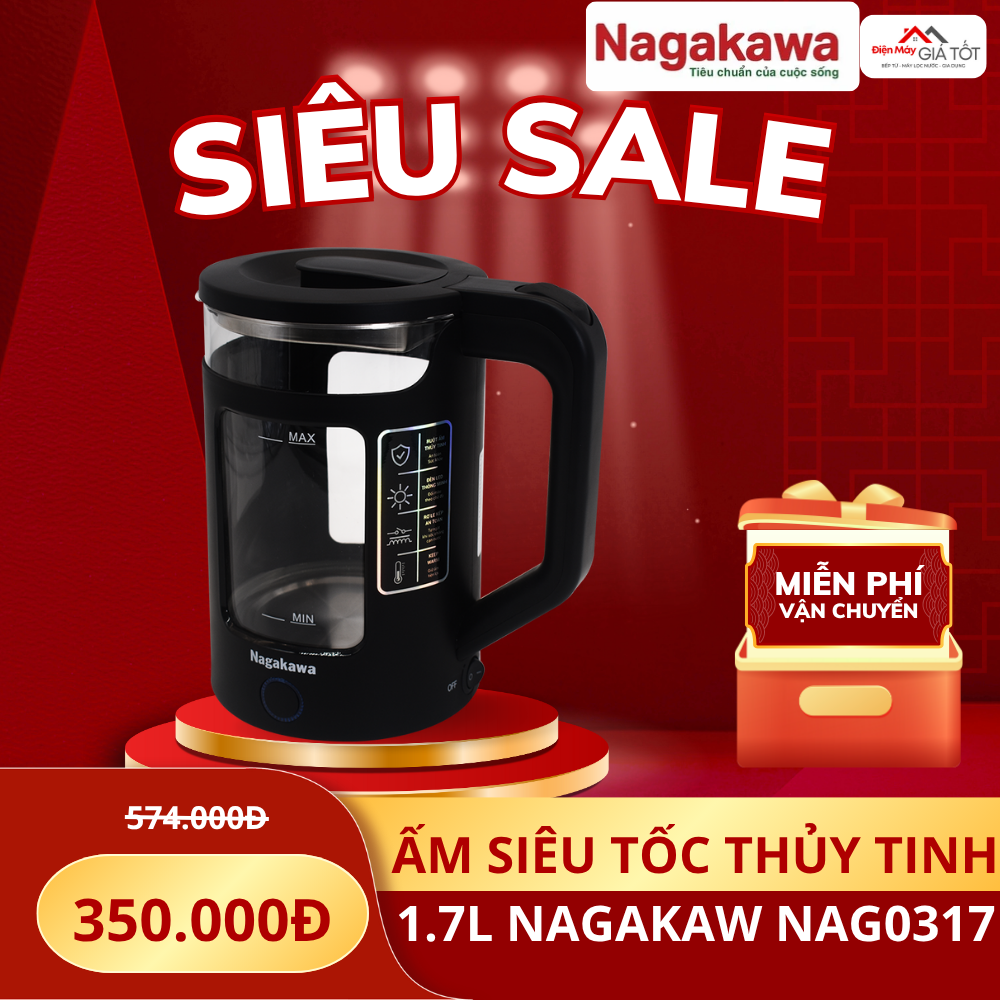 Ấm siêu tốc thủy tinh 1.7L Nagakawa NAG0317 - Bảo hành 12 tháng