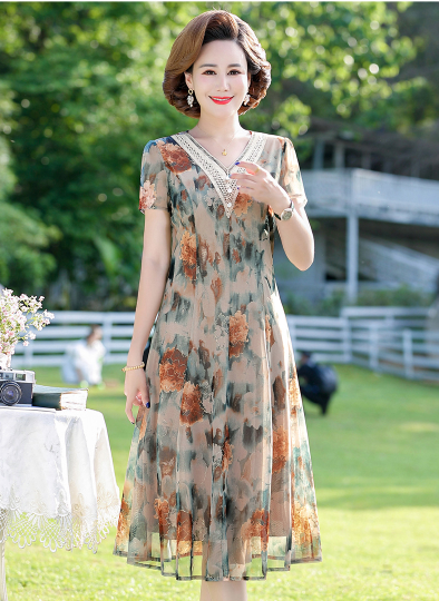 Váy Đầm trung niên nữ phối hoa cao cấp V81 cho mẹ cho bà - Áo đầm kiểu thời trang dự tiệc dạ hội đẹp