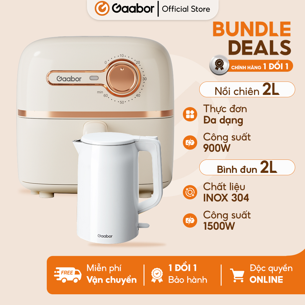 Combo 382 Nồi chiên không dầu 2L AF20M-YE01S và bình đun siêu tốc 2L inox 304 EK20M-WH01A - Bảo hành