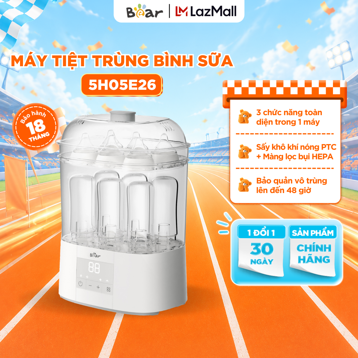 Máy Tiệt Trùng Bình Sữa Bear Tiệt Trùng Hơi Nước Sấy Khô Đa Năng Bảo Quản 48 Giờ An Toàn Cho Bé ST-5H05E26