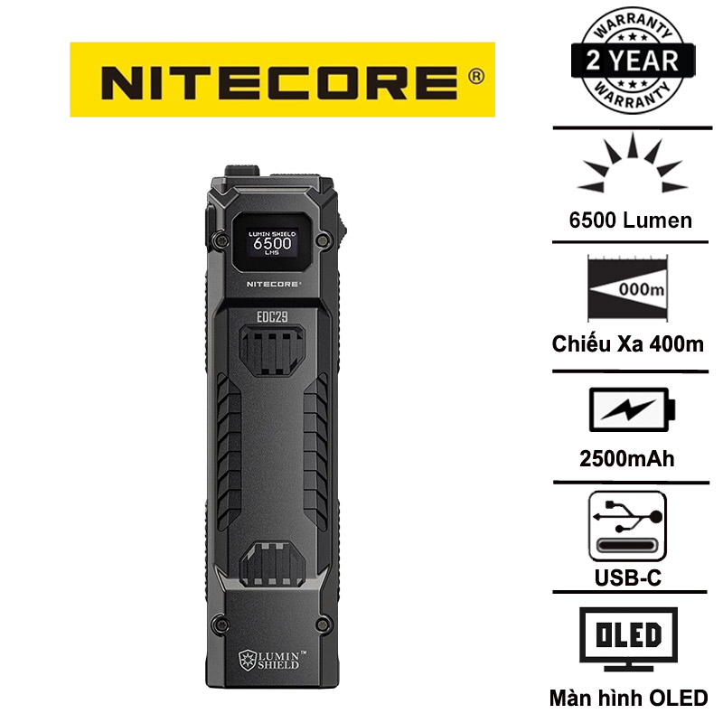 Đèn pin NITECORE EDC29 sáng 6500lumen chiếu xa 400m pin 2500mAh sạc USB C màn hình OLED