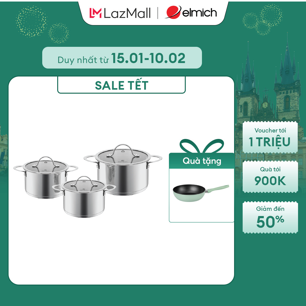 (SALE TẾT)Bộ nồi Inox 304 Impact bonding EL-2481 Size 16 20 22cm